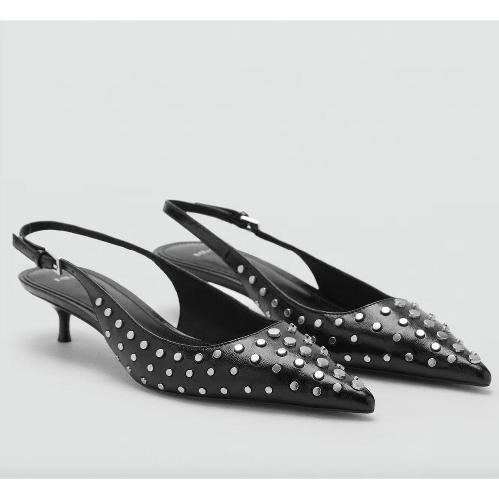NEW MANGO MNG BLACK STUDDED KITTEN HEELS SLINGBACK PUMPS SHOES SZ 6.5 37 - Picture 2 of 14